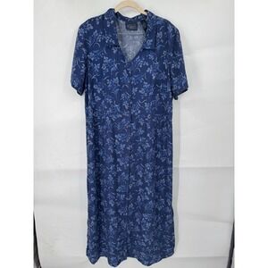 VTG Crazy Horse Dark Floral Midi Shirt Dress Women Plus Size 16W Blue Cottage